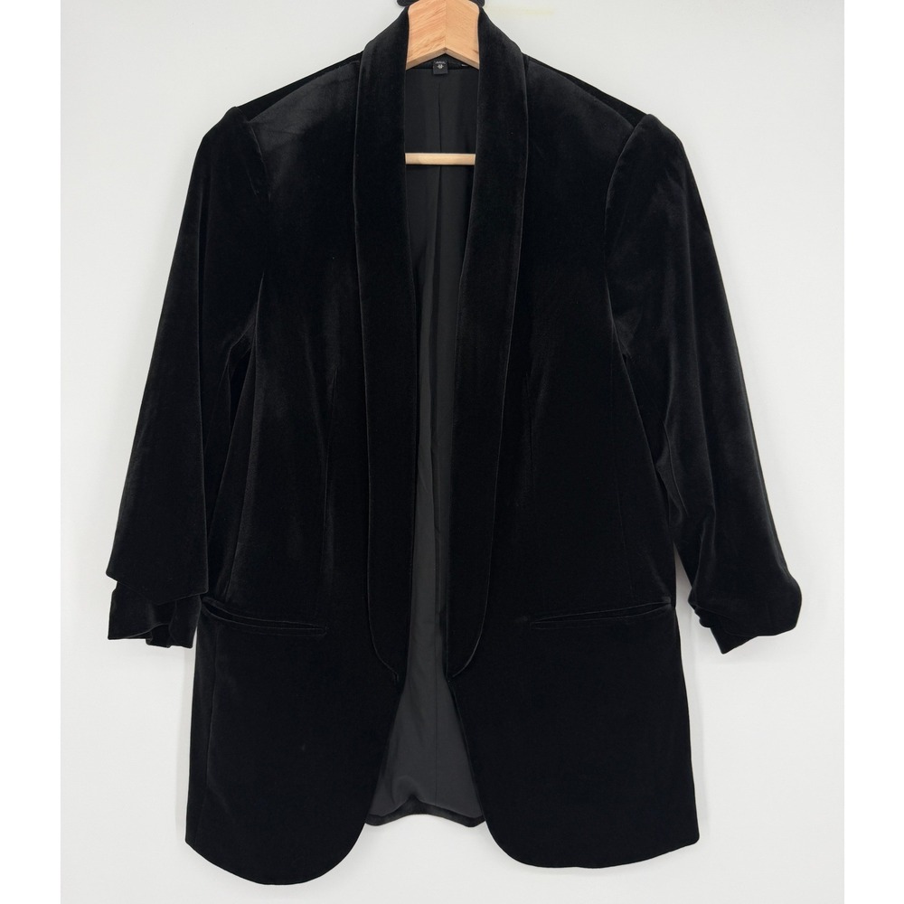 Express Women's Black Velvet Open‎ Front Blazer Ruched Sleeve Size XS Lined